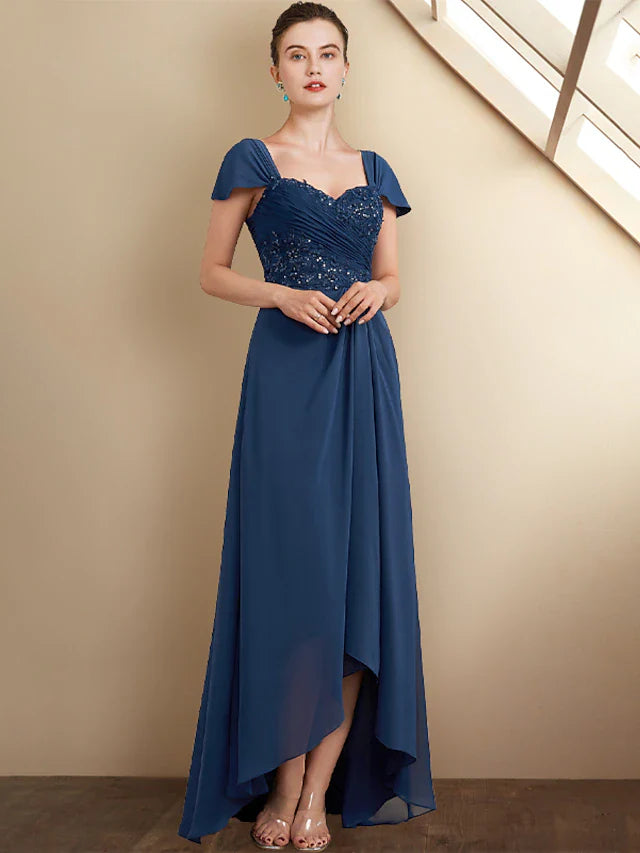 A-Line Mother of the Bride Dress Elegant High Low Square Neck Asymmetrical Tea Length Chiffon Lace Cap Sleeve Wrap Included with Sequin Appliques Side-Draped