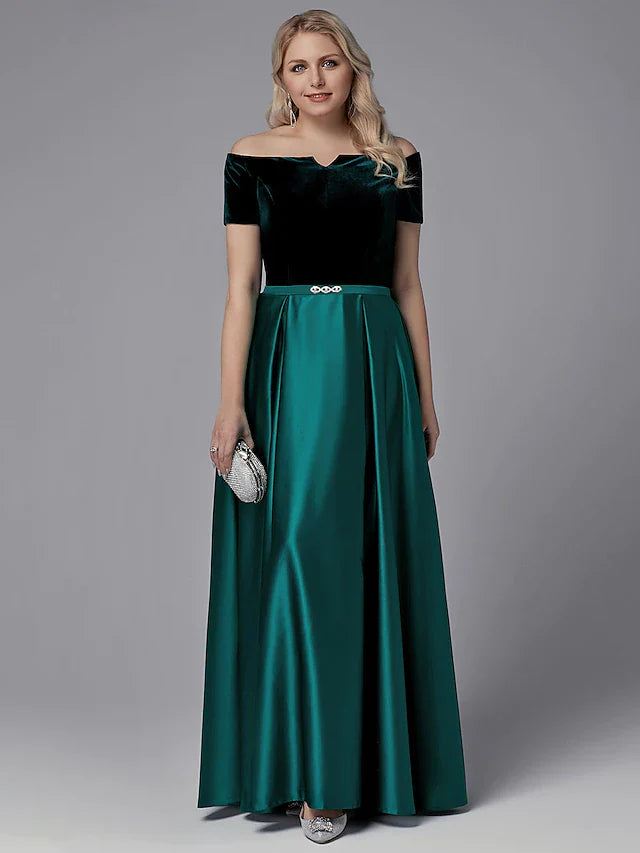 A-Line Special Occasion Dresses Elegant Dress Wedding Guest Floor Length Short Sleeve Off Shoulder Satin with Crystals