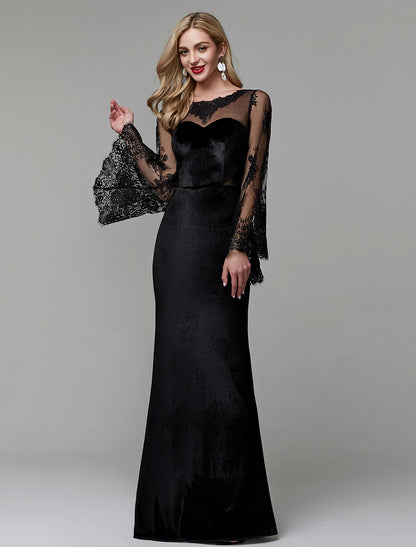 Sheath / Column Elegant Dress Wedding Guest Floor Length Long Sleeve Illusion Neck Lace with Lace Insert