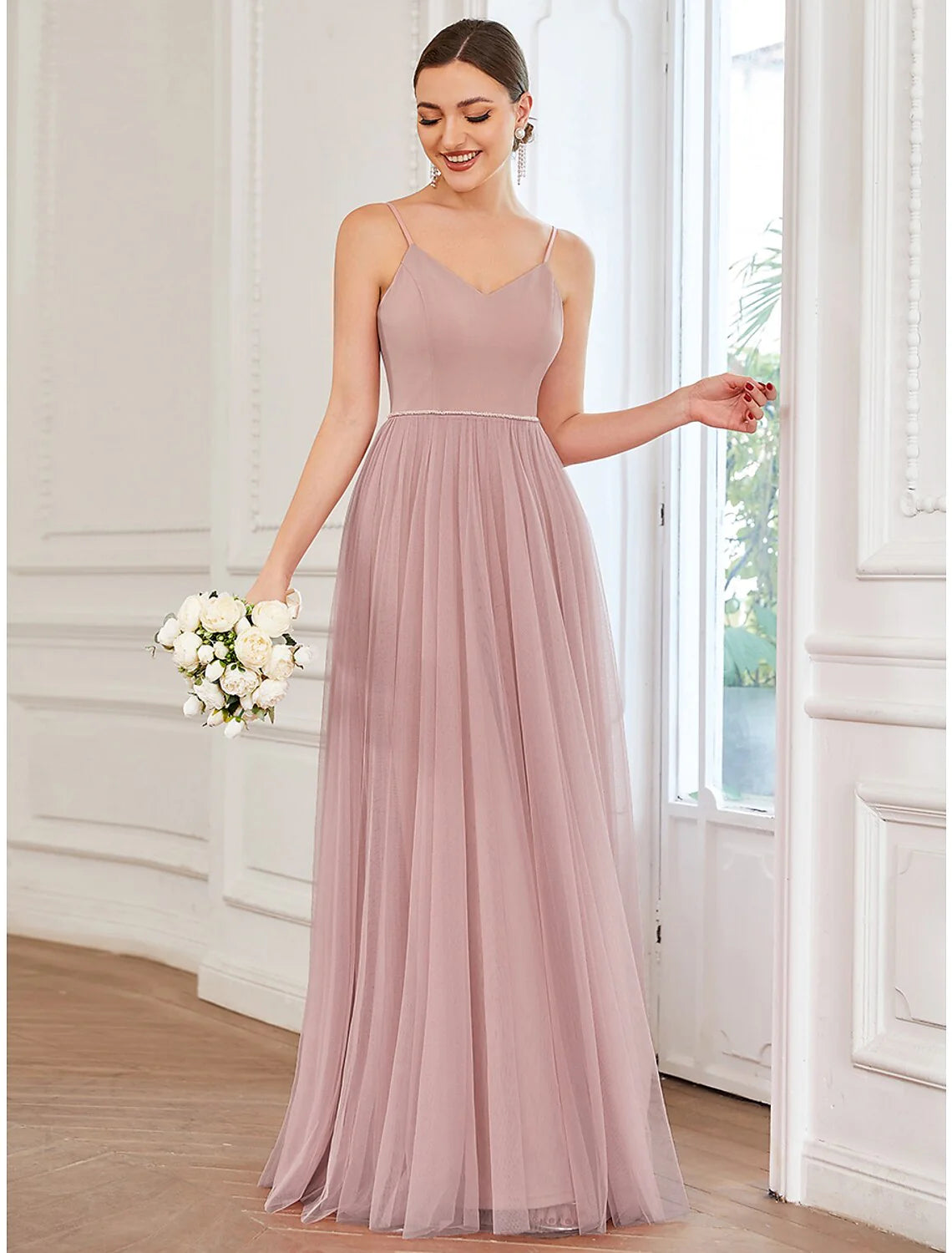 A-Line Prom Dresses Vintage Dress Wedding Guest Floor Length Sleeveless V Neck Tulle V Back with Pleats Draping