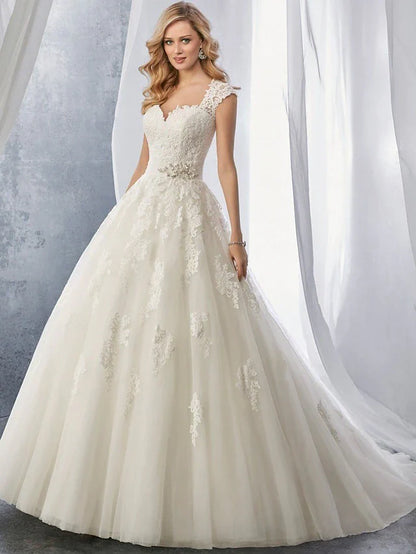 Engagement Formal Wedding Dresses Court Train Ball Gown Cap Sleeve Sweetheart Lace With Appliques