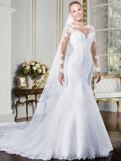 Open Back Sexy Formal Wedding Dresses Chapel Train Mermaid / Trumpet Long Sleeve Illusion Neck Lace With Lace Appliques