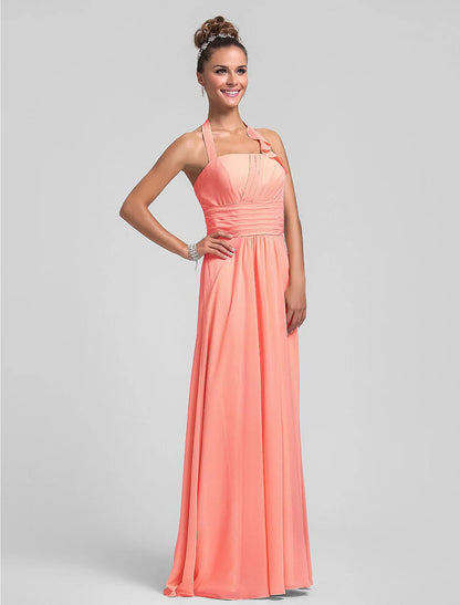 Sheath / Column Bridesmaid Dress Halter Neck Sleeveless Floor Length Chiffon with Pleats / Ruched / Ruffles