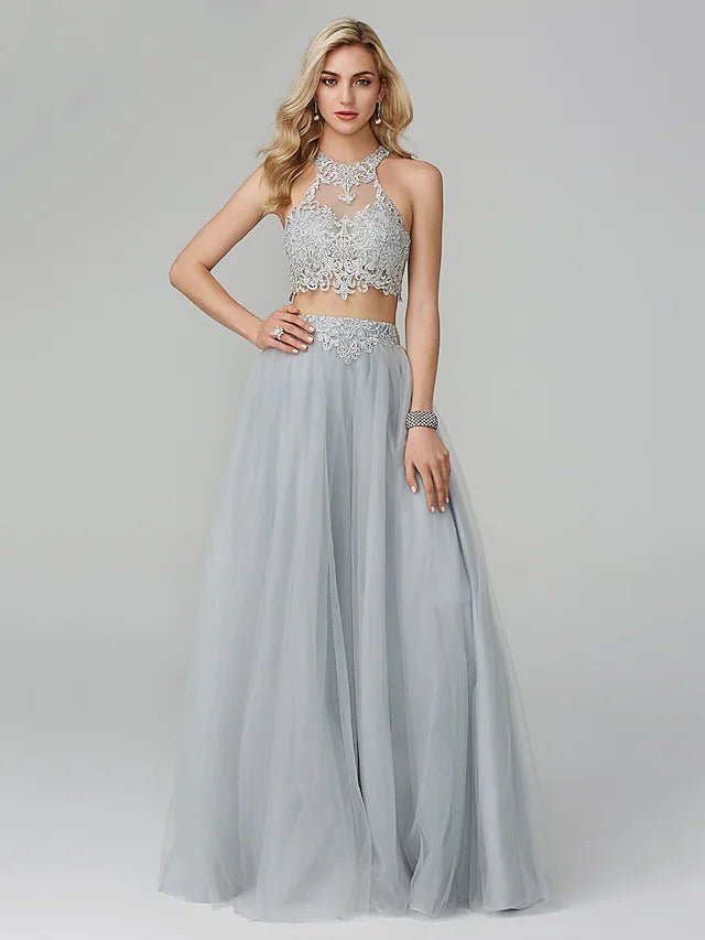 Two Piece Empire Prom Formal Evening Dress Halter Neck Sleeveless Floor Length Lace with Appliques