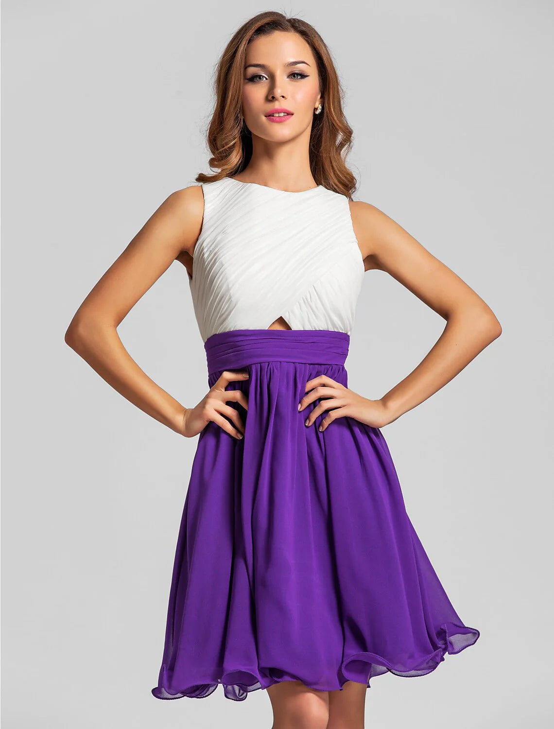 A-Line Jewel Neck Short / Mini Chiffon Bridesmaid Dress with Criss Cross / Ruched