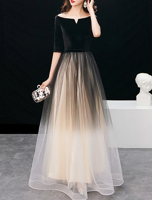 A-Line Elegant Prom Formal Evening Dress Jewel Neck Half Sleeve Floor Length Tulle with Sleek