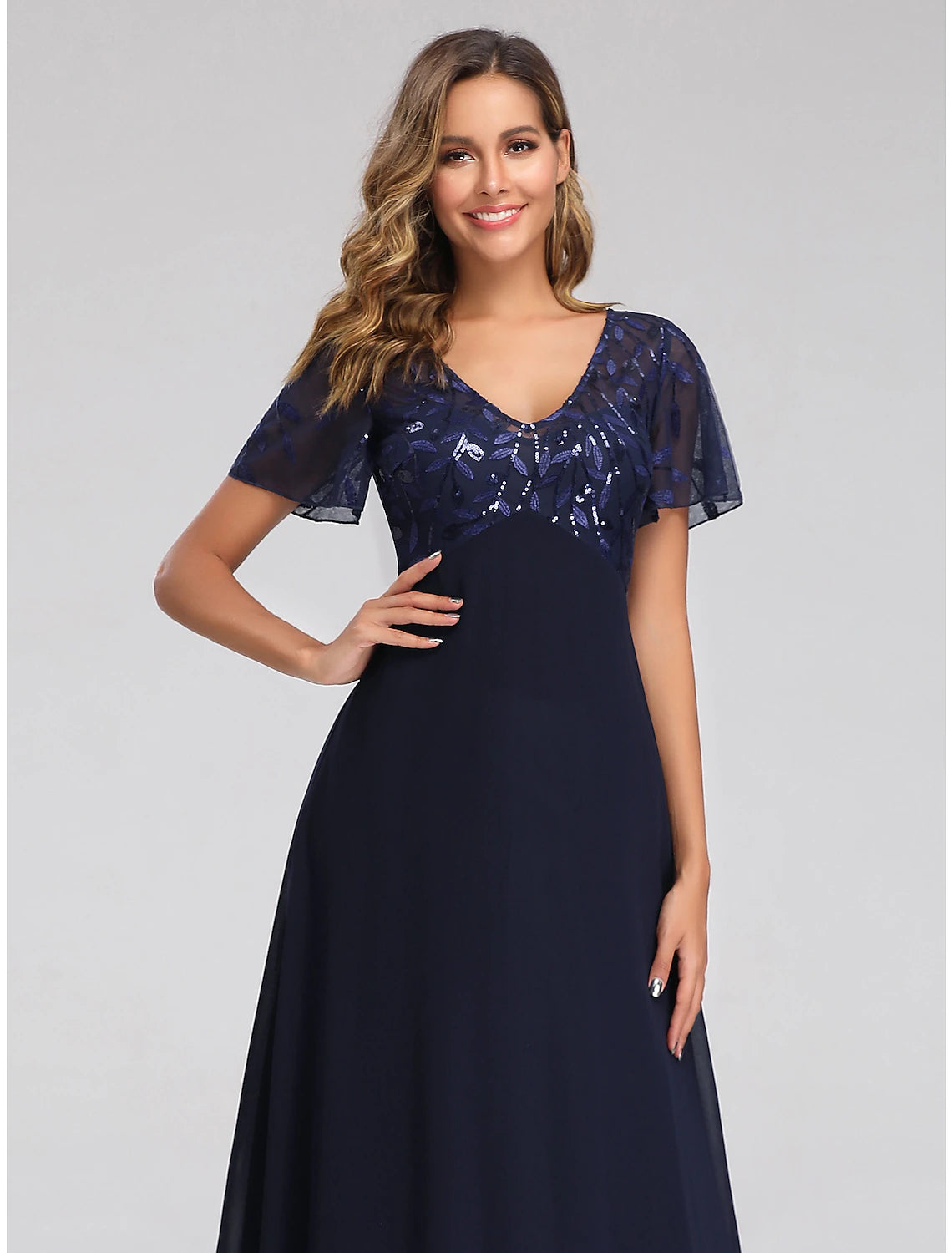 A-Line Wedding Guest Dresses Fall Floor Length Short Sleeve V Neck Bridesmaid Dress Tulle with Sequin Applique