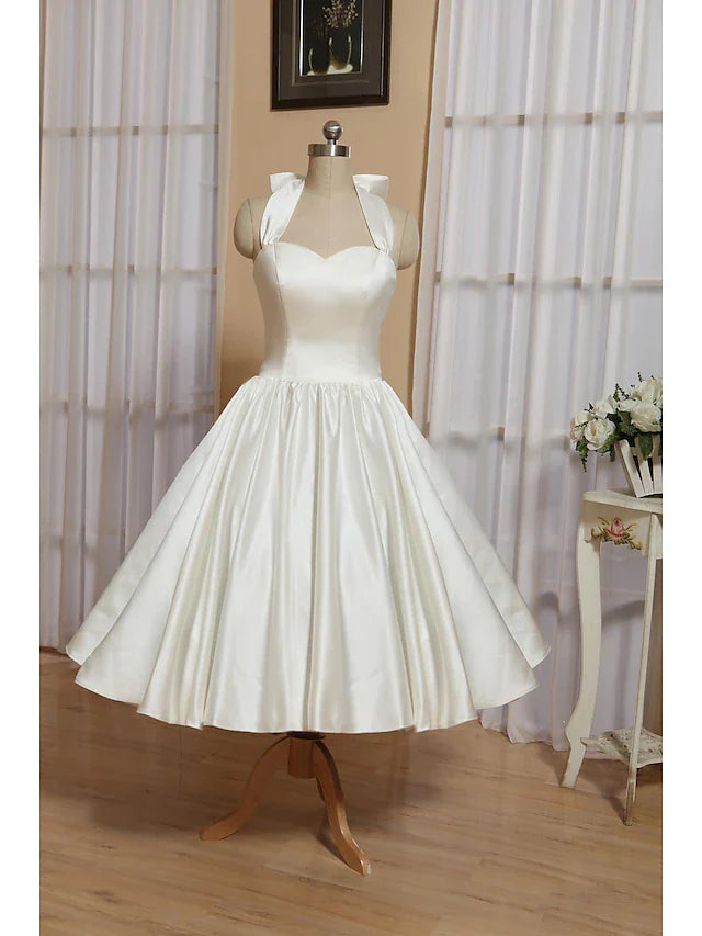 Bridal Shower Little White Dresses Wedding Dresses Tea Length A-Line Sleeveless Halter Satin With Bow(s) Pleats