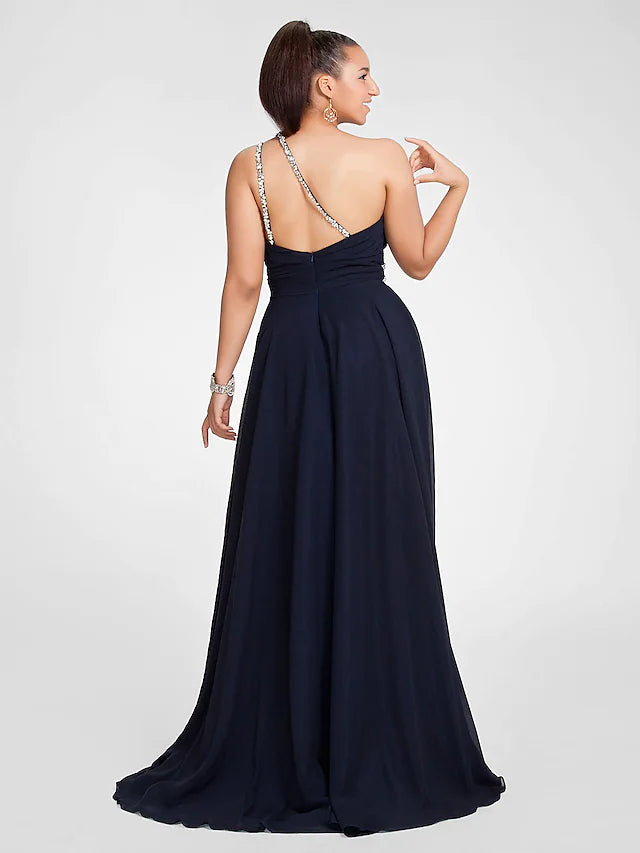 A-Line Cut Out Dress Wedding Guest Sweep / Brush Train Sleeveless One Shoulder Chiffon with Ruched Beading