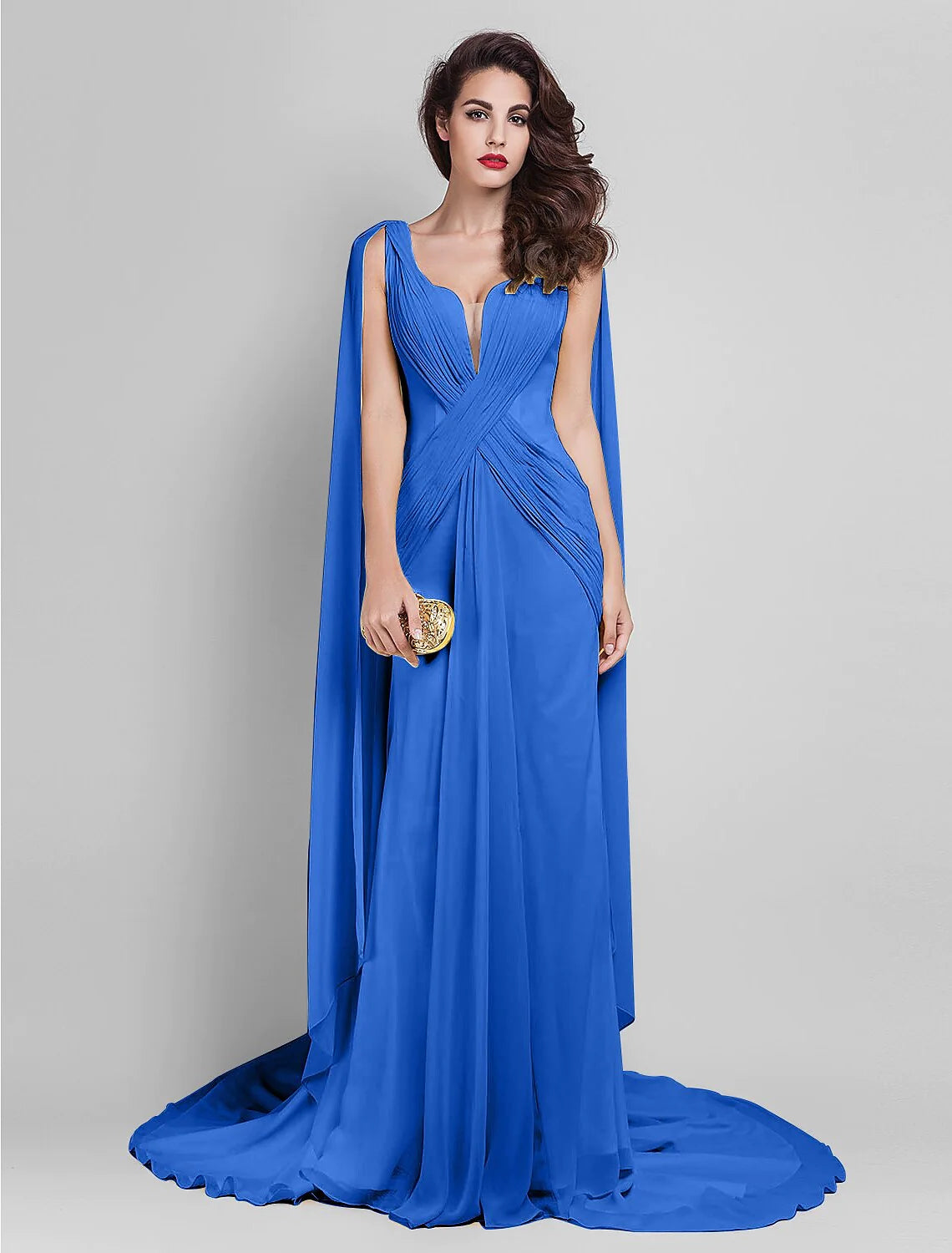 Sheath / Column Elegant Dress Wedding Guest Court Train Sleeveless Plunging Neck Georgette V Back with Criss Cross Side Draping