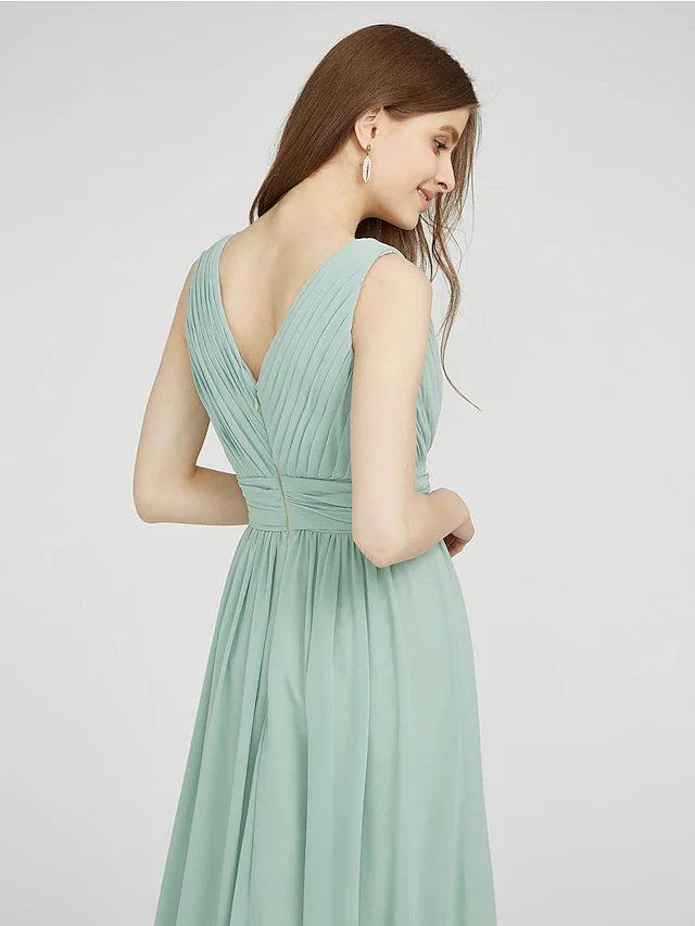 Sheath / Column Bridesmaid Dress V Neck Sleeveless Elegant Floor Length Chiffon with Ruched / Side Draping