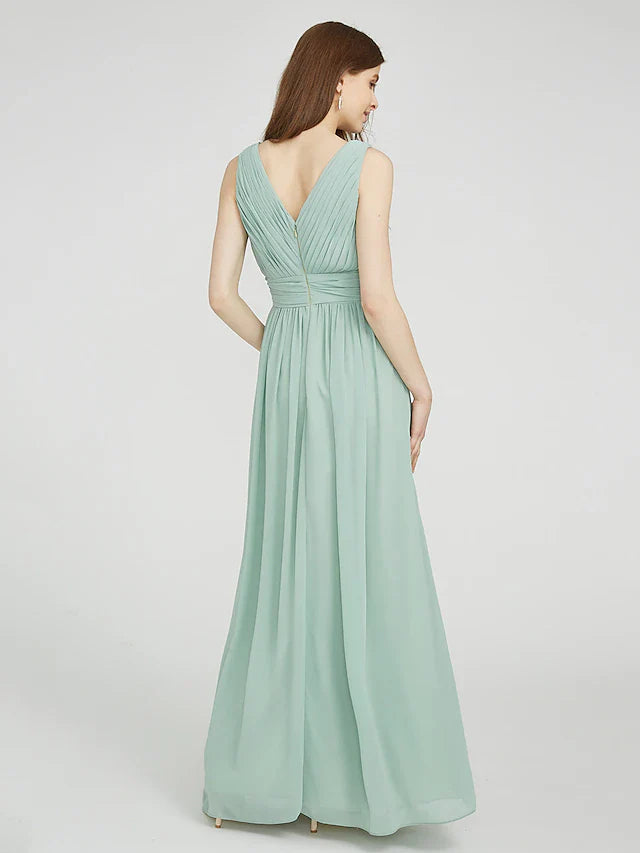 Sheath / Column Bridesmaid Dress V Neck Sleeveless Elegant Floor Length Chiffon with Ruched / Side Draping