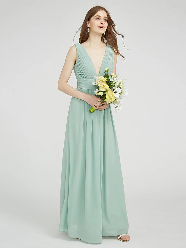 Sheath / Column Bridesmaid Dress V Neck Sleeveless Elegant Floor Length Chiffon with Ruched / Side Draping