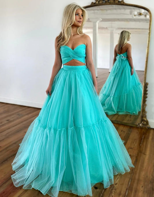 A Line Off The Shoulder Two Pieces Tulle Long Prom Dress