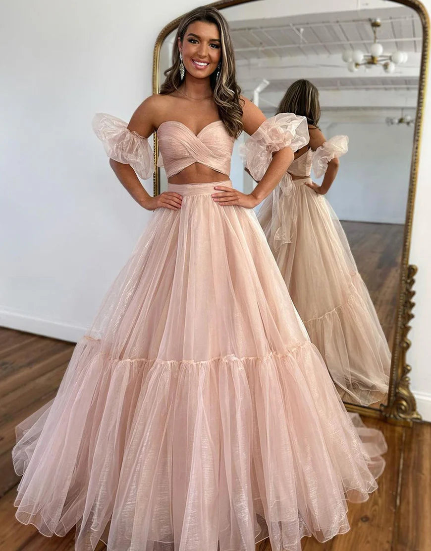 A Line Princess Dress Off The Shoulder Two Pieces Long Prom Dress