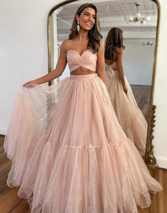 A Line Princess Dress Off The Shoulder Two Pieces Long Prom Dress