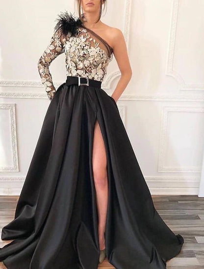 A-Line Evening Gown Vintage Formal Wedding Guest Court Train One Shoulder Satin with Feather Slit