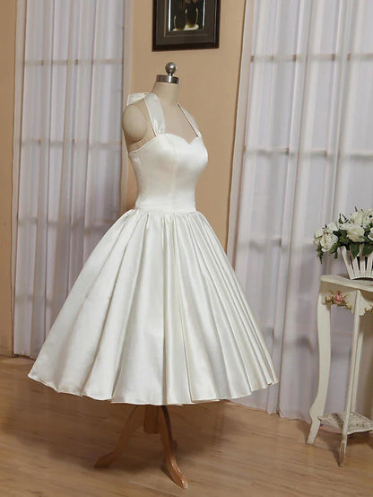 Bridal Shower Little White Dresses Wedding Dresses Tea Length A-Line Sleeveless Halter Satin With Bow(s) Pleats