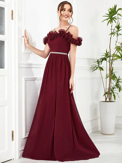 A-Line Prom Dresses Vintage Dress Wedding Guest Floor Length Sleeveless Off Shoulder Chiffon with Appliques Shouder Flower