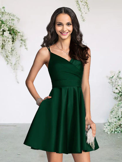 A-Line Bridesmaid Dress V Neck Sleeveless Sexy Short / Mini Satin with Pleats