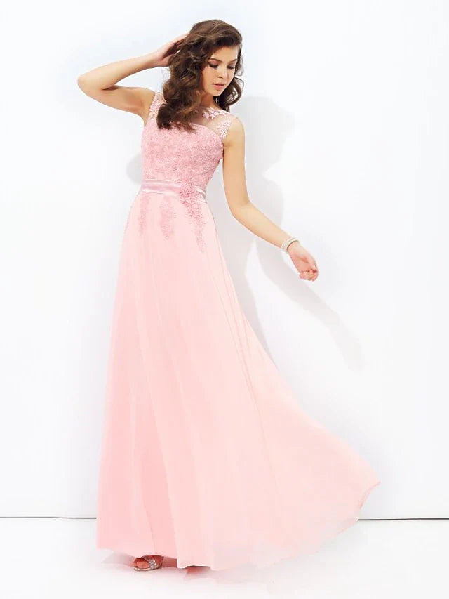 A-Line Prom Dresses Sparkle & Shine Dress Formal Floor Length Sleeveless Jewel Neck Chiffon with Appliques