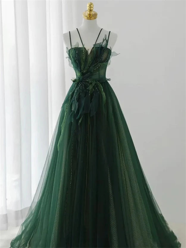 Dark Green Long Beaded A-line Evening Dress Party Dress Prom Dress