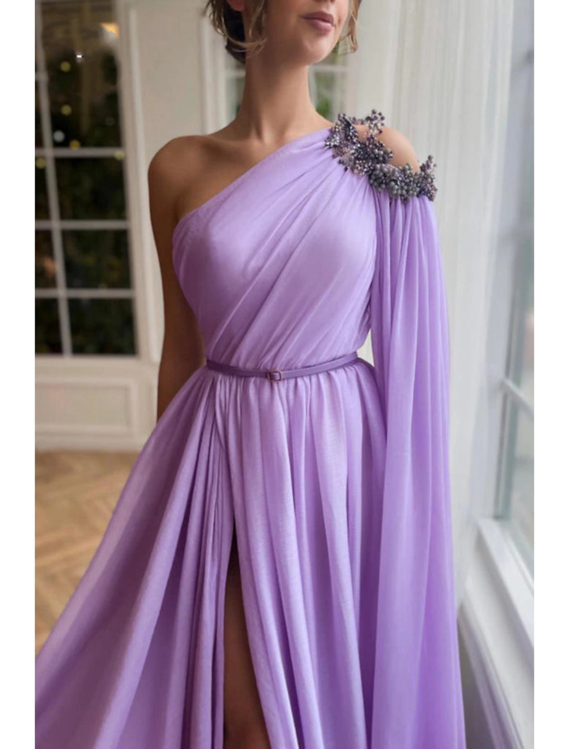 A-Line Evening Gown Elegant Dress Formal Sweep / Brush Train Sleeveless One Shoulder Capes Chiffon with Slit Shawl