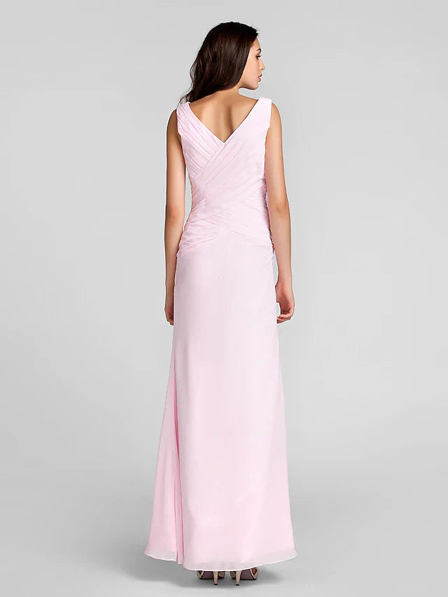 Sheath / Column Bridesmaid Dress V Neck Sleeveless Floor Length Chiffon with Criss Cross