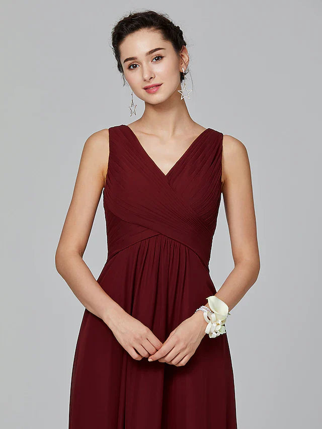 A-Line Bridesmaid Dress V Neck Sleeveless Floor Length Chiffon with Criss Cross / Side Draping