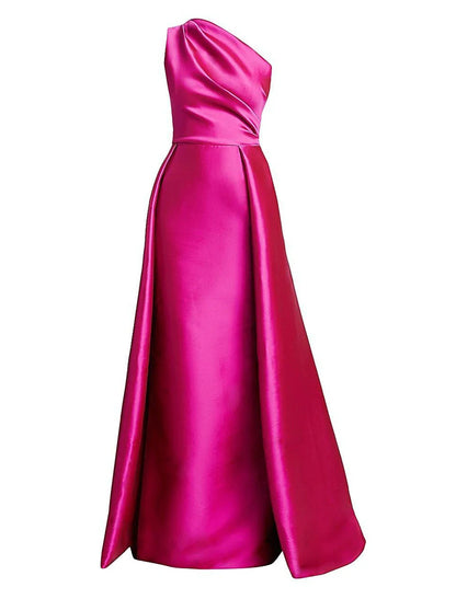 Sheath / Column Evening Gown Elegant Dress Wedding Guest Cocktail Party Floor Length Sleeveless One Shoulder Satin with Overskirt Pure Color