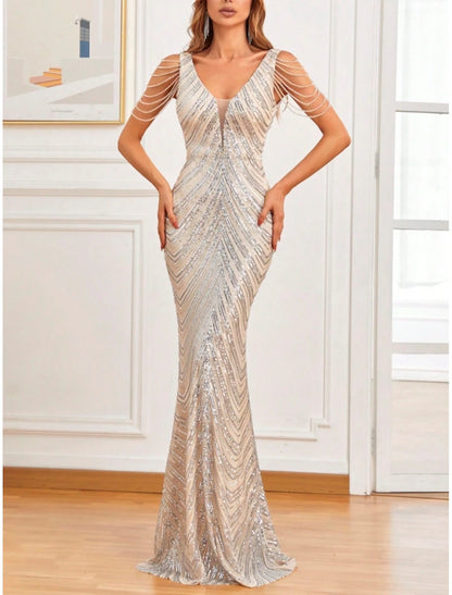 Mermaid / Trumpet Evening Gown Sparkle & Shine Dress Formal Wedding Guest Sweep / Brush Train Sleeveless V Neck Sequined