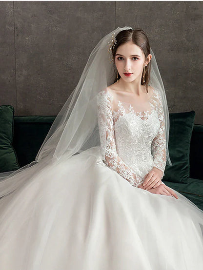 Engagement Formal Wedding Dresses Cathedral Train Ball Gown Long Sleeve Illusion Neck Lace With Pleats Appliques