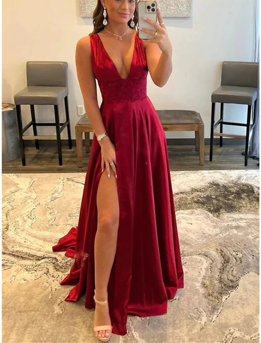 A-Line Prom Dresses Empire Dress Formal Court Train Sleeveless Scoop Neck Lace Backless with Slit