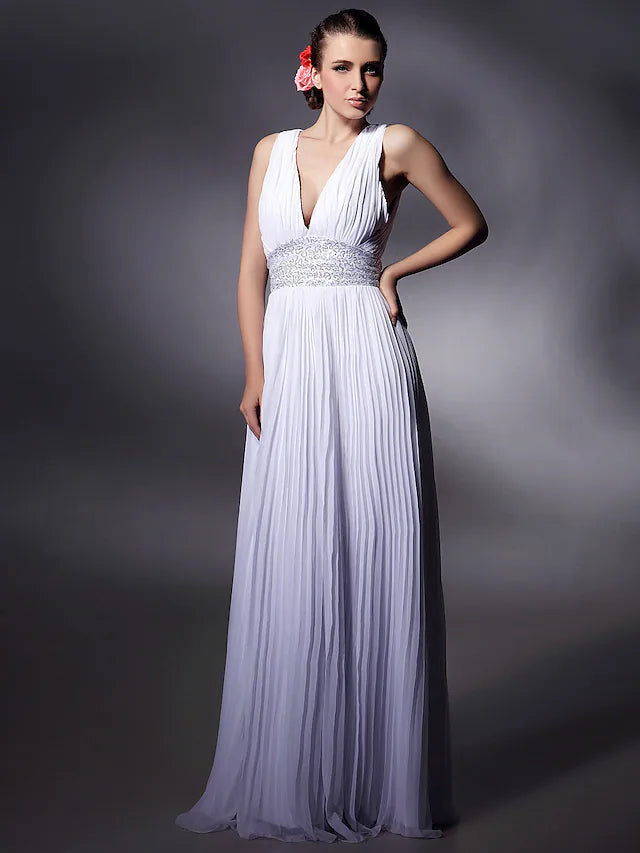 Sheath / Column Celebrity Style Dress Prom Floor Length Sleeveless Plunging Neck Chiffon with Beading Draping