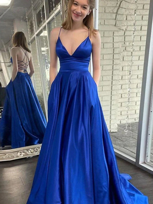 A-Line Prom Dresses Princess Dress Formal Sweep / Brush Train Sleeveless V Neck Pocket Satin Backless with Pocket