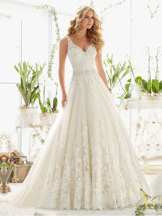 Engagement Open Back Sexy Formal Wedding Dresses Court Train A-Line Sleeveless V Neck Lace