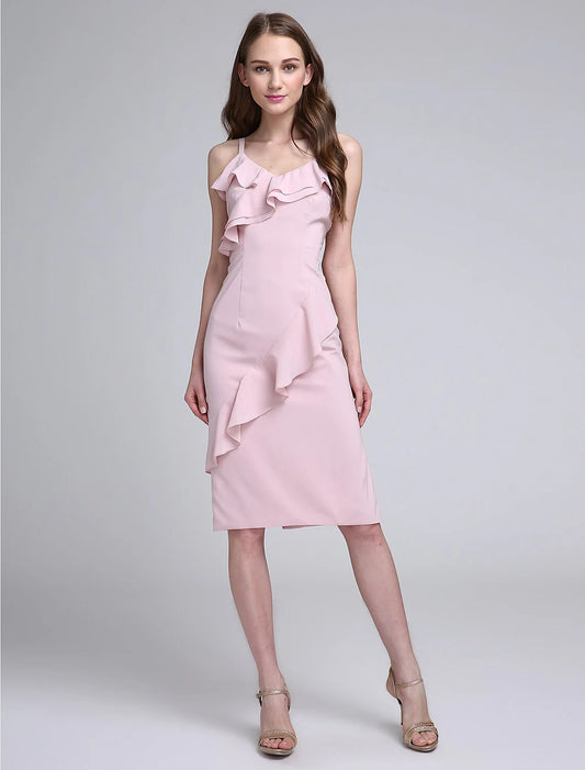 Sheath / Column Bridesmaid Dress Spaghetti Strap Sleeveless Elegant Knee Length Chiffon with Ruffles