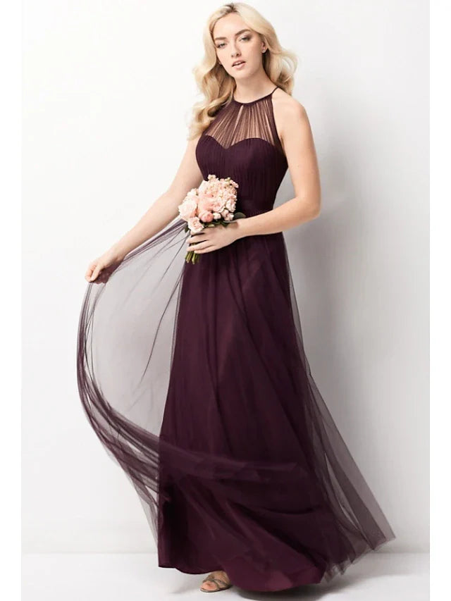 A-Line Bridesmaid Dress Halter Neck Sleeveless Elegant Floor Length Chiffon / Tulle with