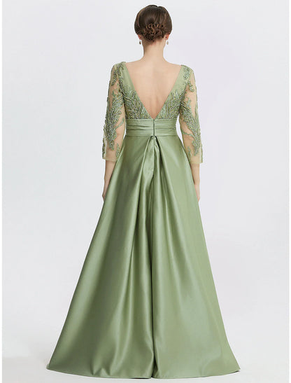 A-Line Evening Gown Elegant Dress Formal Floor Length 3/4 Length Sleeve Jewel Neck Satin with Slit Embroidery Appliques