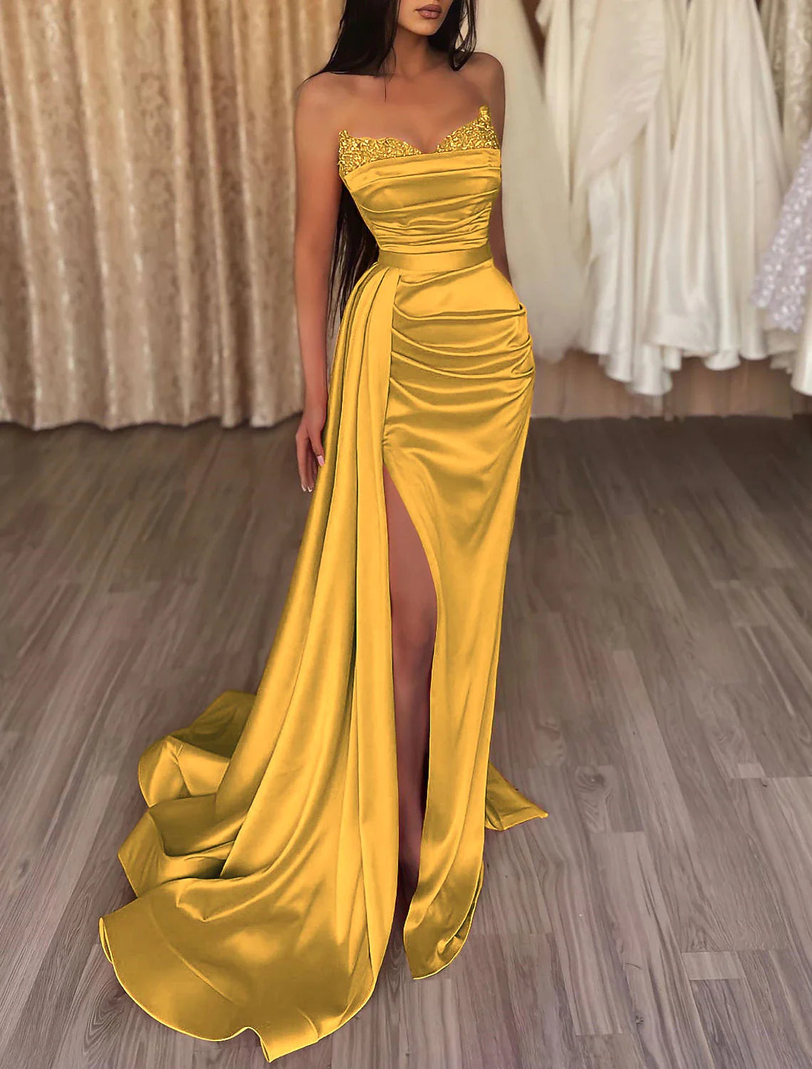 Mermaid Ruched Evening Gown Satin Dress Cocktail Party Prom Court Train Sleeveless Strapless Bridesmaid Dress with Beading Sequin Pure Color