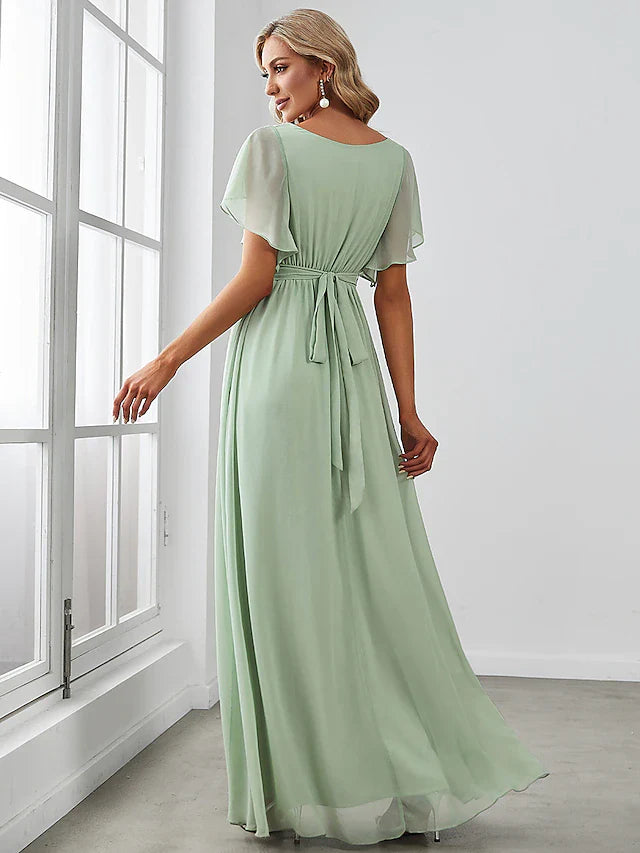 A-Line Bridesmaid Dress V Neck Short Sleeve Elegant Stretch Chiffon with Ruffles / Solid Color