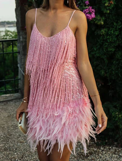 A-Line Party Dresses Sparkle & Shine Dress Prom Wedding Party Short / Mini Sleeveless Spaghetti Strap Sequined with Feather Fringe Sequin