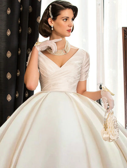 Engagement Formal Wedding Dresses Court Train Ball Gown Short Sleeve V Neck Satin With Ruched Solid Color