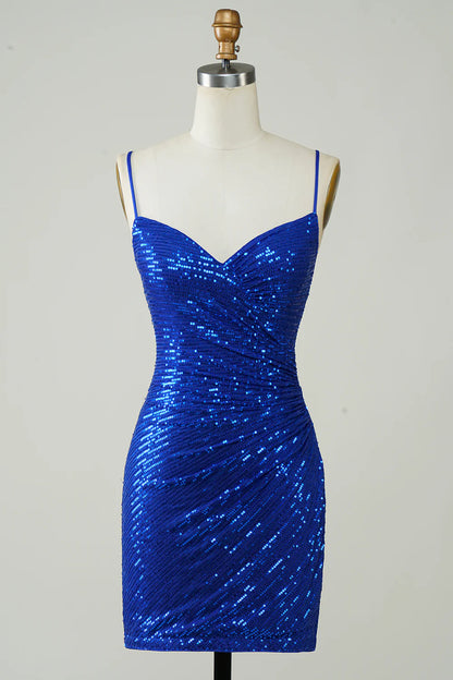 Sparkly Bodycon Spaghetti Straps Backless Royal Blue Sequins Short Homecoming Dress