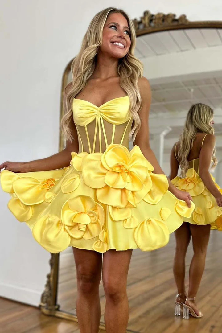 Cute A-Line Spaghetti Strap Sheer Corset Bodice 3D Flowers Homecoming Dress