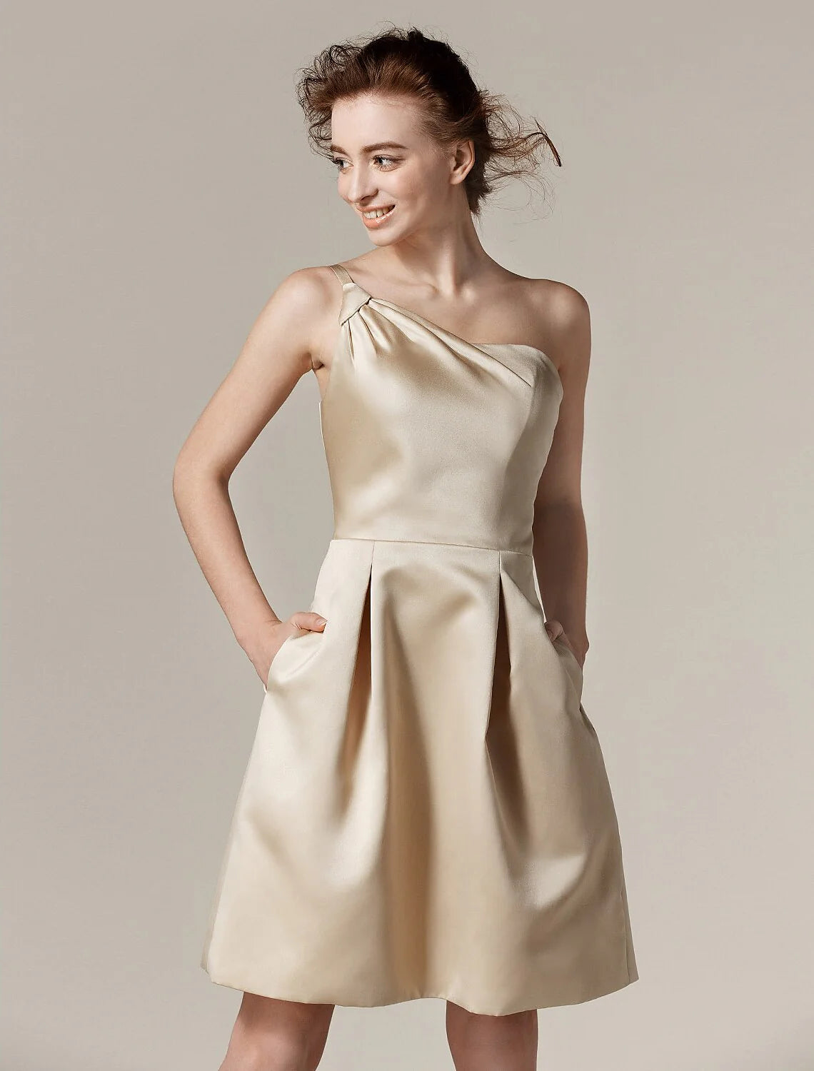 A-Line One Shoulder Knee Length Satin Bridesmaid Dress with Side Draping