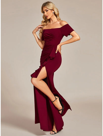 Prom Dress Wedding Guest Dress Long Black Wine Short Sleeve Pure Color Ruched Summer Spring Fall Off Shoulder