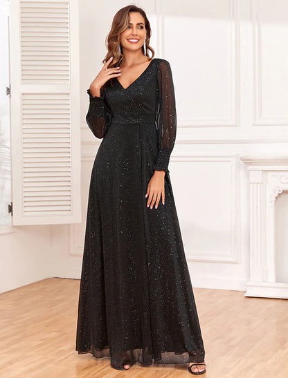 A-Line Evening Gown Empire Black Dress Party Gothic Tulle Dress Floor Length Long Sleeve V Neck V Back with Glitter Slit