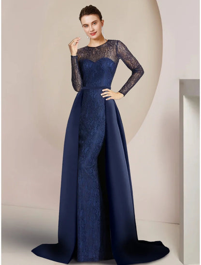 A-Line Mother of the Bride Dress Wedding Guest Party Elegant Jewel Neck Sweep / Brush Train Lace Long Sleeve with Ruching Solid Color