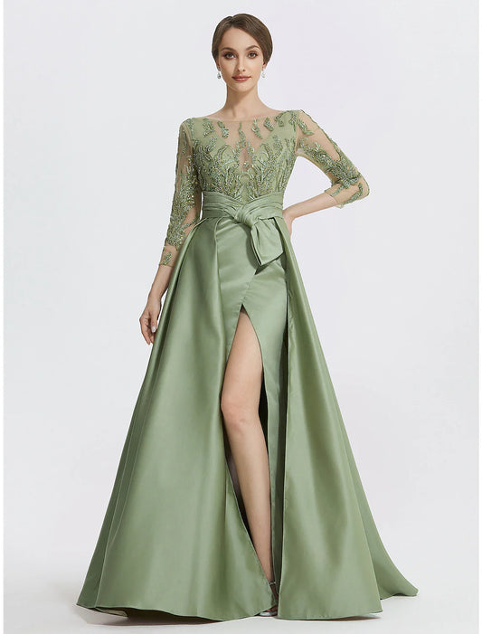 A-Line Evening Gown Elegant Dress Formal Floor Length 3/4 Length Sleeve Jewel Neck Satin with Slit Embroidery Appliques